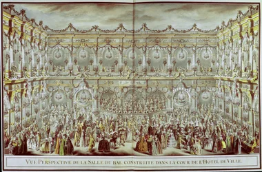 Perspectief van de balzaal gebouwd in de binnenplaats van het Hotel de Ville in Parijs ter gelegenheid van het eerste huwelijk van de Dauphin met Marie-Therese, Infanta van Spanje